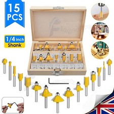 15PCS 6.35mm 1/4" Shank Router Bits Set Tungsten Carbide Tipped with Wooden Box