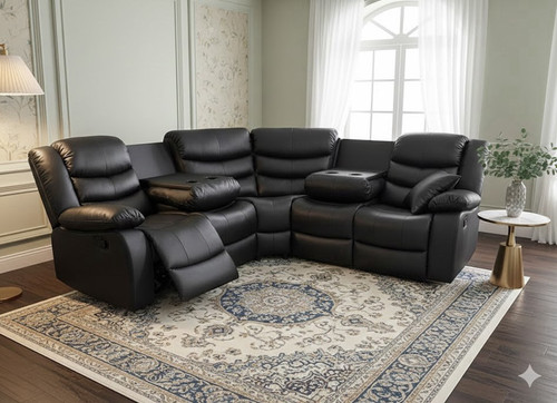 Black leather corner recliner - black,