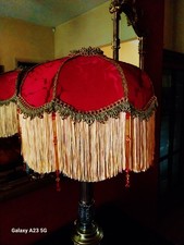 Connie, Victorian glass beaded lampshade.Ruby red damask , metalic braids 14"