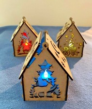 Wooden MDF Christmas  Houses Candle Light Holder Gift with hanging hole 6 design