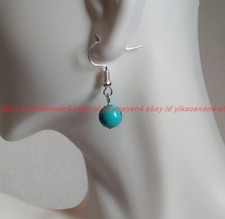 Blue Turquoise Beads Drop Hook Earrings 8mm Natural Stone Gemstone Simple