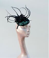 EMERALD GREEN & NAVY LACE BUTTON FASCINATOR WITH FEATHERS NO RETURN ASCOT