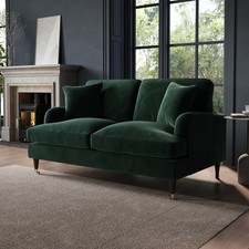 Green Sofa 2 Seater with Ruched Saddle Arms Wood Gold Legs Traditional Style