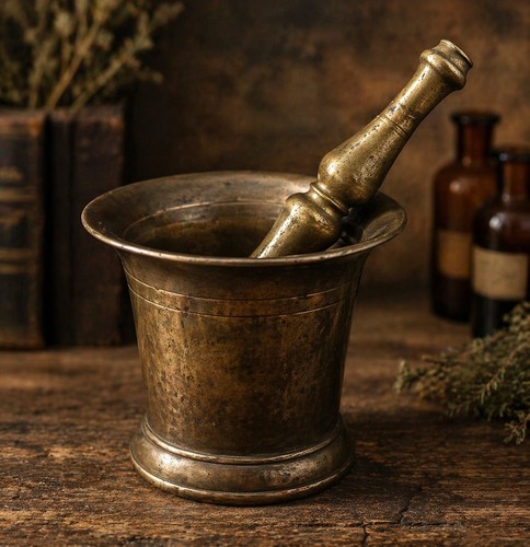Antique bronze mortar pestle - mortar, &