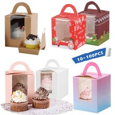 10/50X Single Cupcake Boxes Cake Carrier with Clear Window Handle Inserts Xmas