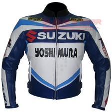 YOSHIMURA SUZUKI GSX-R BLUE MOTORBIKE MOTORCYCLE COWHIDE LEATHER JACKET