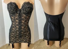 34C Vtg SATIN Lace CORSELETTE 6 Garters Open Bottom Girdle Cara Mia Black Beige