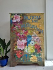 PAINTED TALLBOY CHEST OF DRAWERS upcycled Floral Decoupage Funky Sideboard 