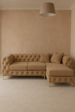 New Chesterfield Chaise Longue Corner Sofa Beige Velvet Settee Couch Suite Sofa