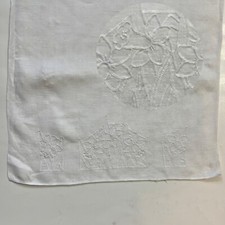 White on White Embroidered Iris Dresser Scarf Runner Vintage Cottage Core Granny
