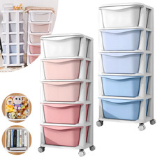 5 TIER PLASTIC STORAGE DRAWERS TOWER TROLLEY UNIT DESKTOP HOME OFFICE W/ WHEELS 