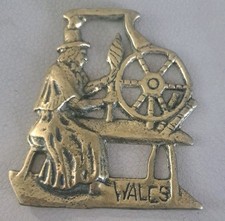 Vintage Wales Horse Brass Welsh Lady Working on Spinning Wheel ~8cm x ~7.5cm