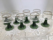 Vintage German Hock Wine Glasses Beehive Green Stem Set x 8 Gold Rim Etched Vine