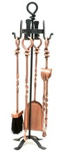 69CM SET 4 COMPANION SET HEAVY DUTY WROUGHT IRON FIRE TOOLS COPPER / BLACK