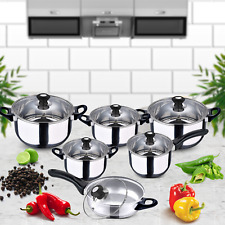 12pc INDUCTION PAN SET GLASS LIDS STAINLESS STEEL KITCHEN COOKWARE POT 