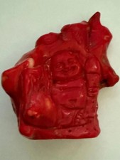 Antique Chinese Hand Carved Red Coral Buddha Figure Statue 3" x 2.5" x 1.5"