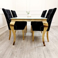 1m Louis Gold Luxury Italian White Glass Gold Dining Table with 4 Chairs Black