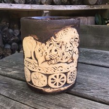 Old Vintage Quantock Studio Art Pottery Lion Decorated Vase Storage Pen Pot