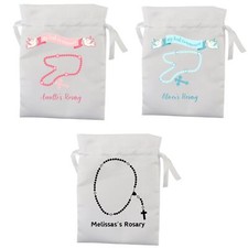 Personalised Holy Communion Drawstring Satin Pouch Bag Rosary Design Gift