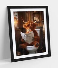 HIGHLAND COW ON TOILET FUNNY BATHROOM DECOR FRAMED WALL ART PICTURE POSTER PRINT