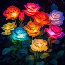 5 LED Solar Power Rose Flower Stake Lights Outdoor Garden Path Luminous Lamps UK