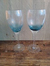 2 ROSCHER & COMPANY TEAL BLUE AIR BUBBLES WINE GLASSES GOBLETS CLEAR STEM 14 OZ
