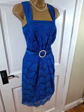 Luis Civit Blue Floral Lace Diamonte Brooch Lined Dress, UK 10, New With Tag