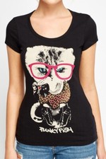 PUNKY FISH JEWELED CAT PRINT BLACK T-SHIRT