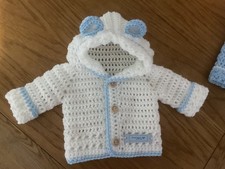 Handmade gift  baby  white and blue trim  unisex teddy hoodie cardigan  newborn
