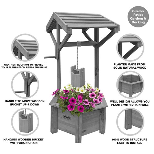 Grey wooden wishing well - grey,