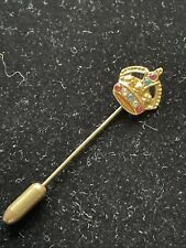 Vintage Crown Stick Lapel Pin Gold Tone Rhinestone Jewel Brooch Royal King Queen