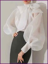 Women's Organza Bow Lace Puff Sleeve Tops Shirt Blouse See-through Gown Pullover
