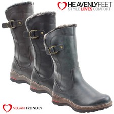 Heavenly Feet Womens Faux Leather Warm Lined Black Brown Vegan Mid Boots Bramble