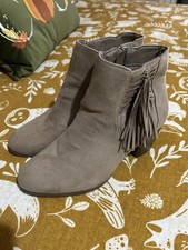 Beige Suede Effect Low / Mid Heel Fringe Boots George 5 - 6 New