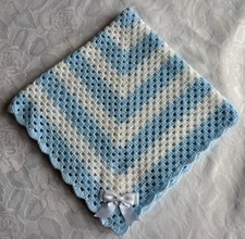 NEW HAND CROCHET BABY BLANKET IN WHITE/BLUE WITH White Bow 29x29  INCHES APPROX