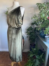 Reiss Khaki Eden Velvet One Shoulder Dress UK 12 £265 Chiffon details  Side slit