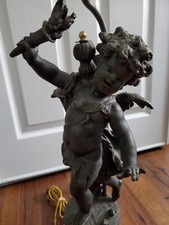 Gorgeous Antique Bronze Metal Cherub  Lamp W/ Gold Color Finish Heavy
