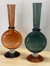 Studio Paran Art Glass Vase Pair Signed Hand Blown Teal & Amber 15” Modernist