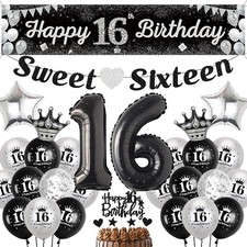 16Th Birthday Decorations for Boys Girls - Black Silver Sweet Sixteen Happy 16Th
