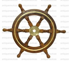 18" Vintage Wooden Ship Wheel Steering Pirate Wood Brass Décor Fishing Wall...