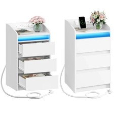 LED Bedside Table 3 Drawers Cabinet Charging Station Nightstand Storage Modern