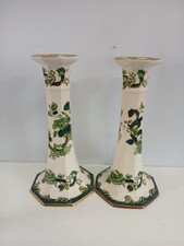 Masons Green Chartreuse Pattern Pair 8.5" Large Candlesticks Candle Holders