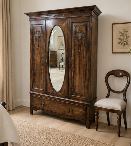 Antique oak wardrobe mirrored - wardrobe,