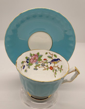 Aynsley Fine English Bone China Tea Cup Saucer Turquoise Gold Bird Floral
