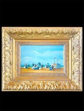 Antique oil painting on marine panel Belle Epoque signed seaside gold frame