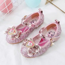 UK Frozen2 Kids Girls Elsa Princess Fancy Party Sequin Bow Rhinestone Elsa Shoes