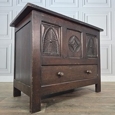Antique Oak Coffer Storage Trunk Chest – Carved Panels – Box Drawers - Jacobean
