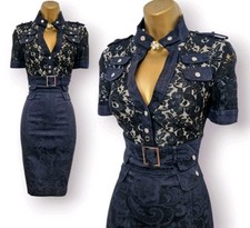 Karen Millen Black Lace Military Faux Belted Textured Wiggle Pencil Dress UK 10