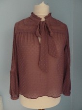 Zara High Neck Ruffle Pussy Bow Blouse Sz M 12 14 Dark Dusky Lilac Mauve Cotton