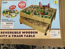 Wooden Train Track Railway Set flip Table with 100 Pieces and Storage Drawer
